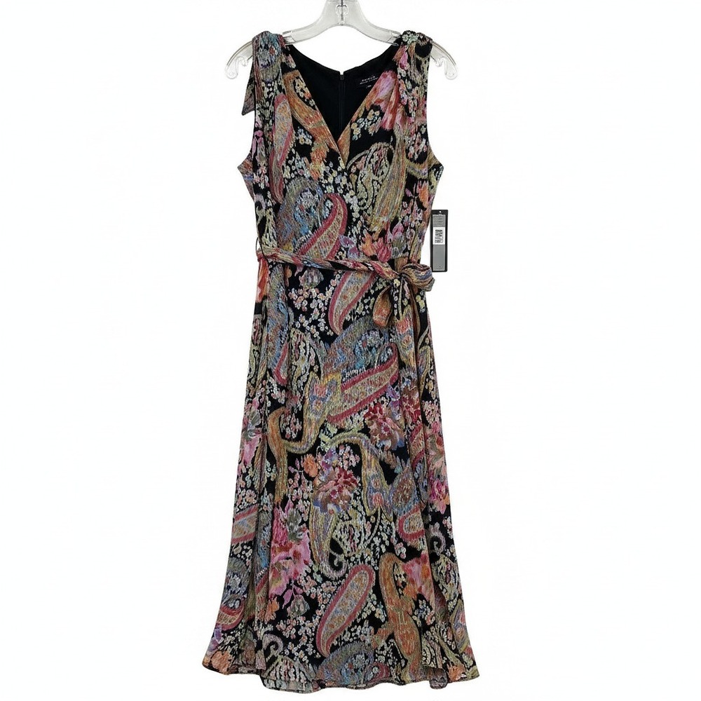 Tahari Black Pink Paisley V-Neck Maxi Dress | Women’s Size 10